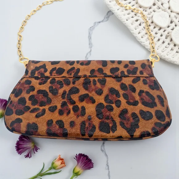 Tory Burch Ainsley Leopard Print Patent Leather Clutch Crossbody Gold Logo Bag - Picture 14 of 17